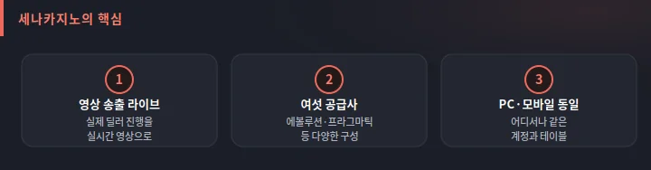 세나카지노 핵심 도식: 영상 송출 라이브, 여섯 공급사, PC와 모바일 동일 환경