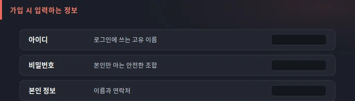 세나카지노 가입 시 입력하는 정보 도식: 아이디, 비밀번호, 본인 정보 입력 항목